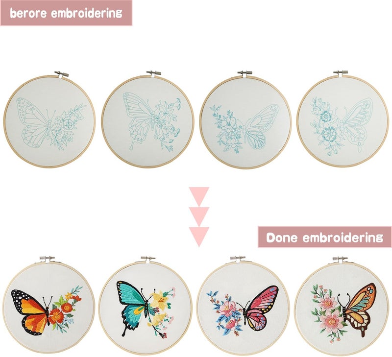 Bonroy 4 Sets Embroidery Set for Beginners, Art Craft, Easy Sewing, Includes Embroidery Clothing, Pattern, Embroidery Hoop, Instruction Manual, Colorful Thread Needles Set (Butterfly) - Image 3